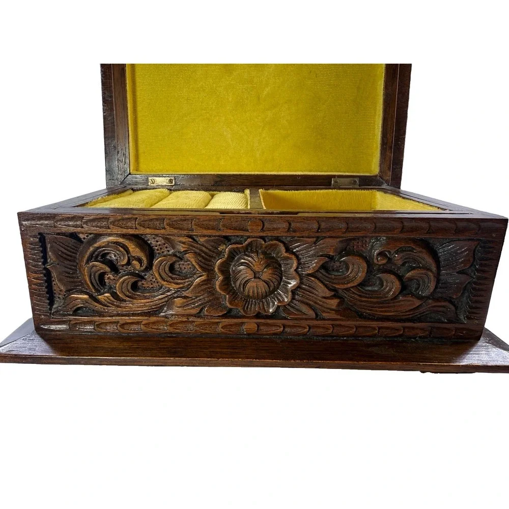 Vintage 1970s Thai Hand Carved Teak Jewelry Box Velvet Lining Tony M. Chiangmai